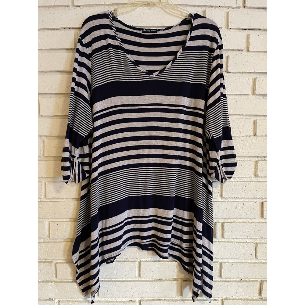 CHA CHA VENTE Blue & Gray Stripe Asymmetrical Top Tunic‎ 3/4 Sleeve Blouse sz 2X
